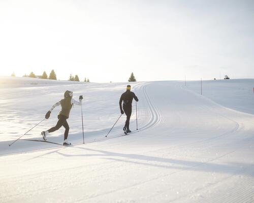 un homme et une femme qui font du ski de fond