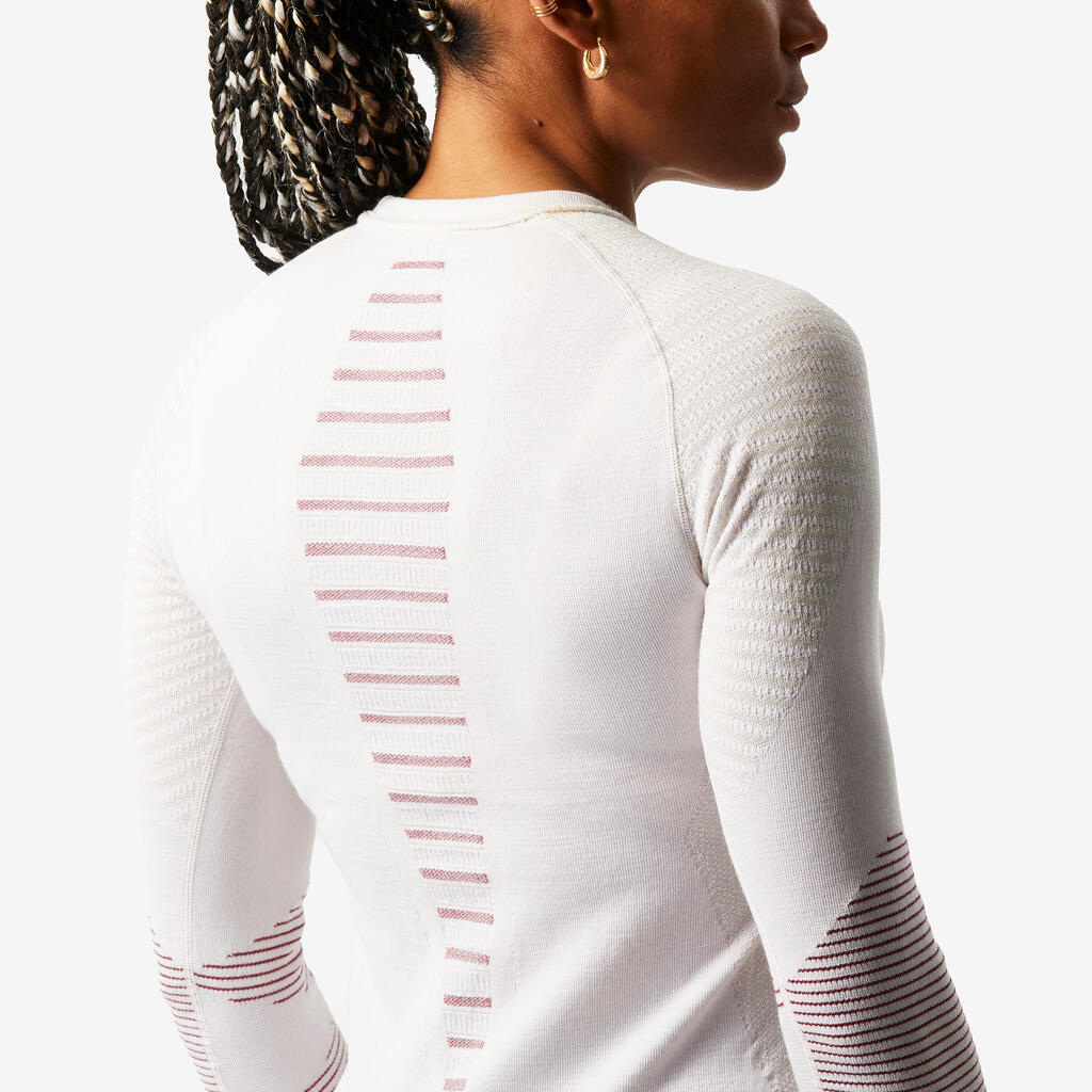 Women’s Seamless Merino Wool Ski Base Layer Top - BL900 Beige / Pink