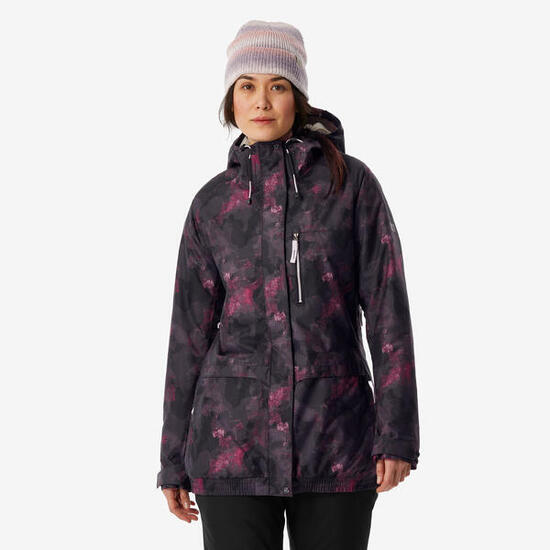 Veste de ski et snowboard longue et chaude femme, 500 noir et rose
