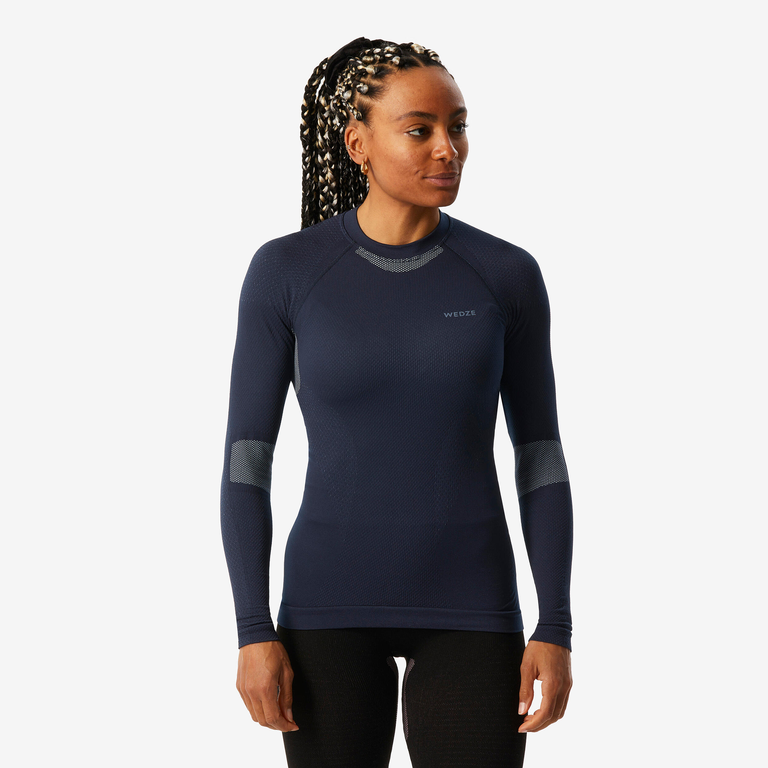 Intimo da sci comfort da donna, top BL500 morbido blu navy e blu senza cuciture