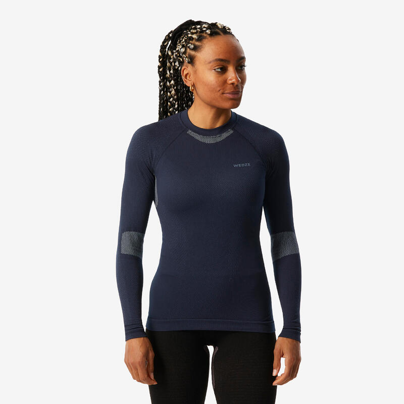 Camisola térmica de ski confortável mulher, BL500 soft seamless azul marinho