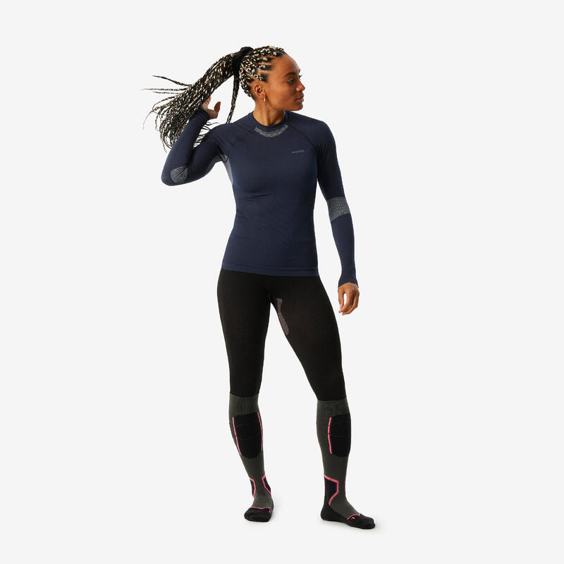Camisola térmica de ski confortável mulher, BL500 soft seamless azul marinho