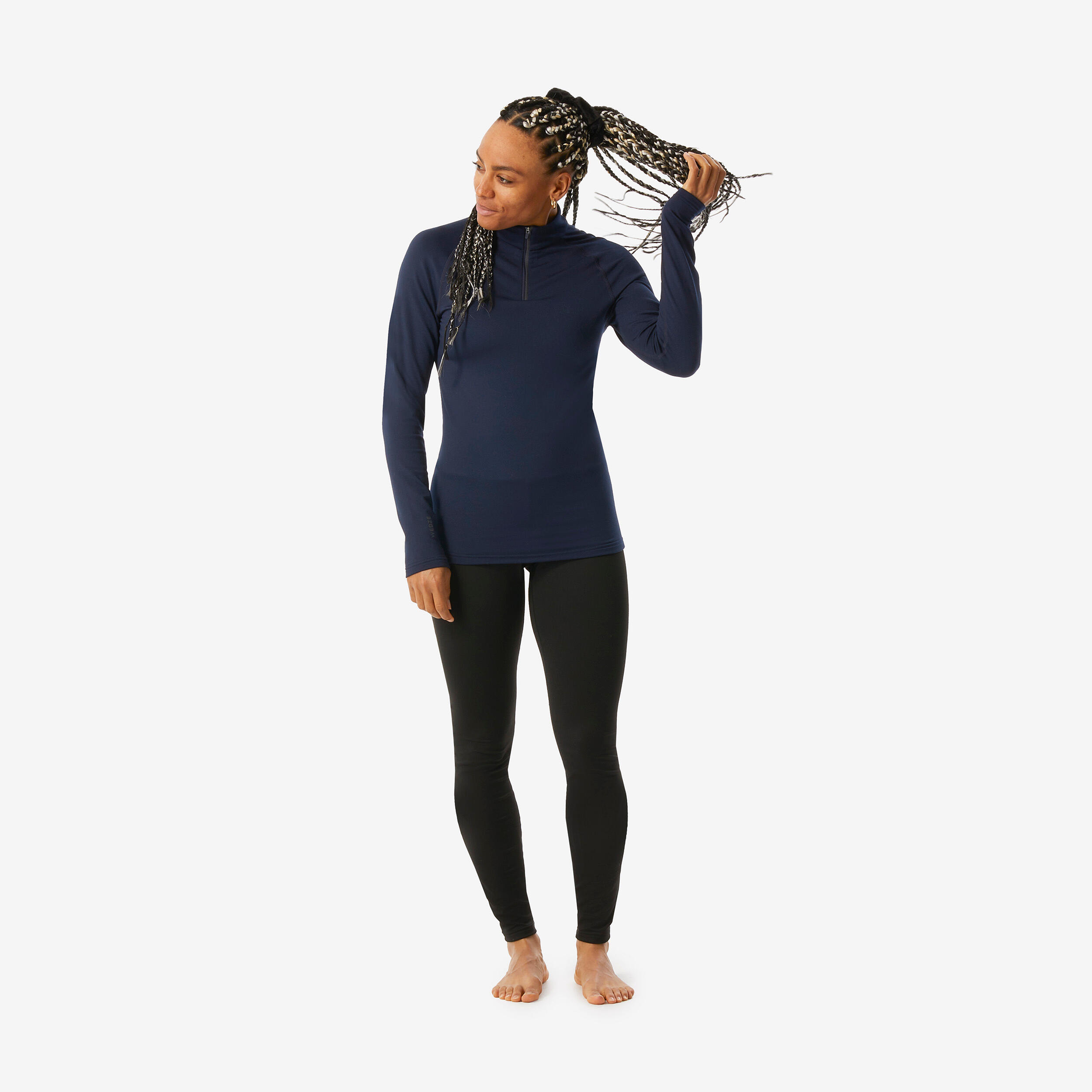 Women’s Thermal Base Layer Ski Top 1/2 Zip 500 Asphalt blue Wedze