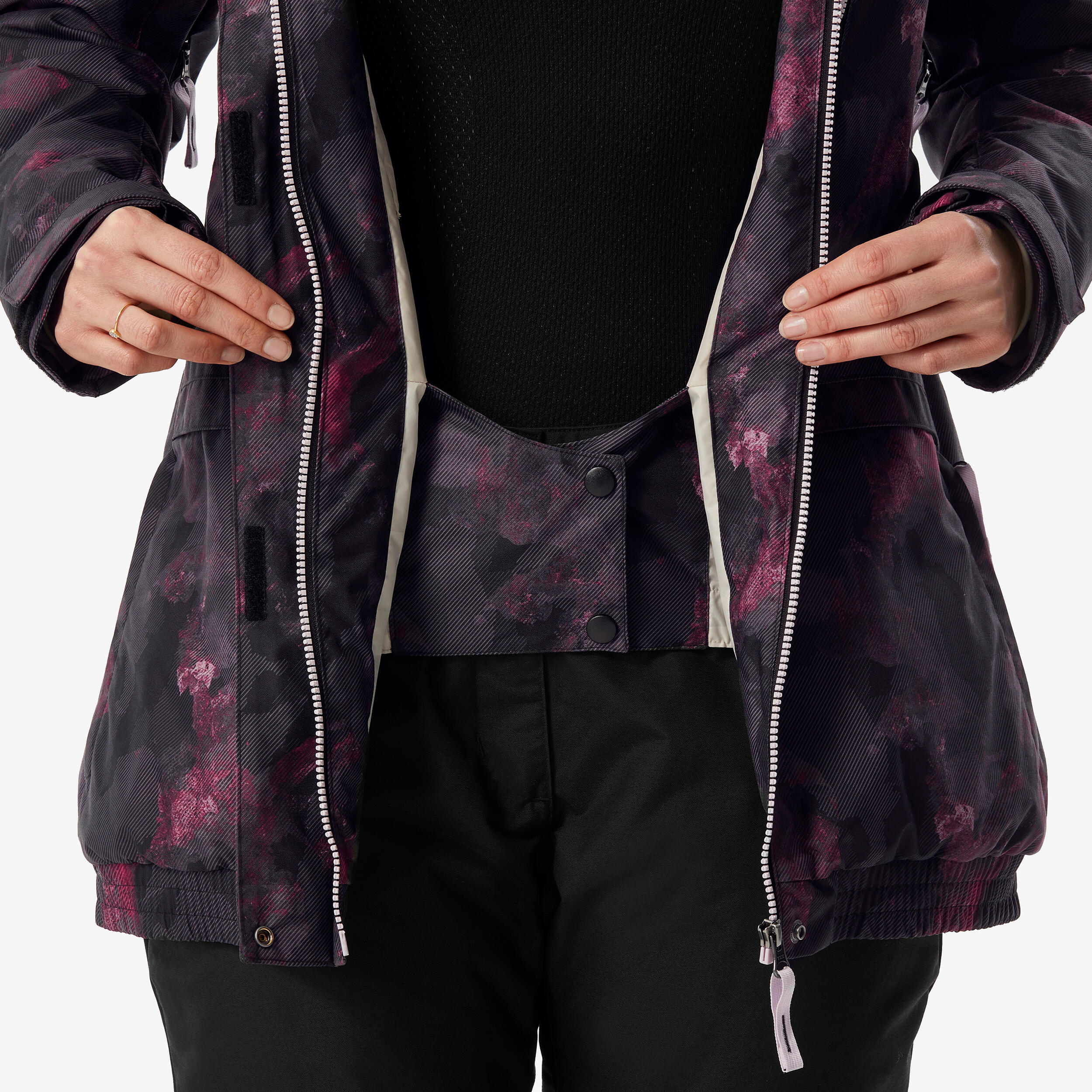Women’s long and warm ski and snowboard jacket, 500 - Black and Pink 7/9