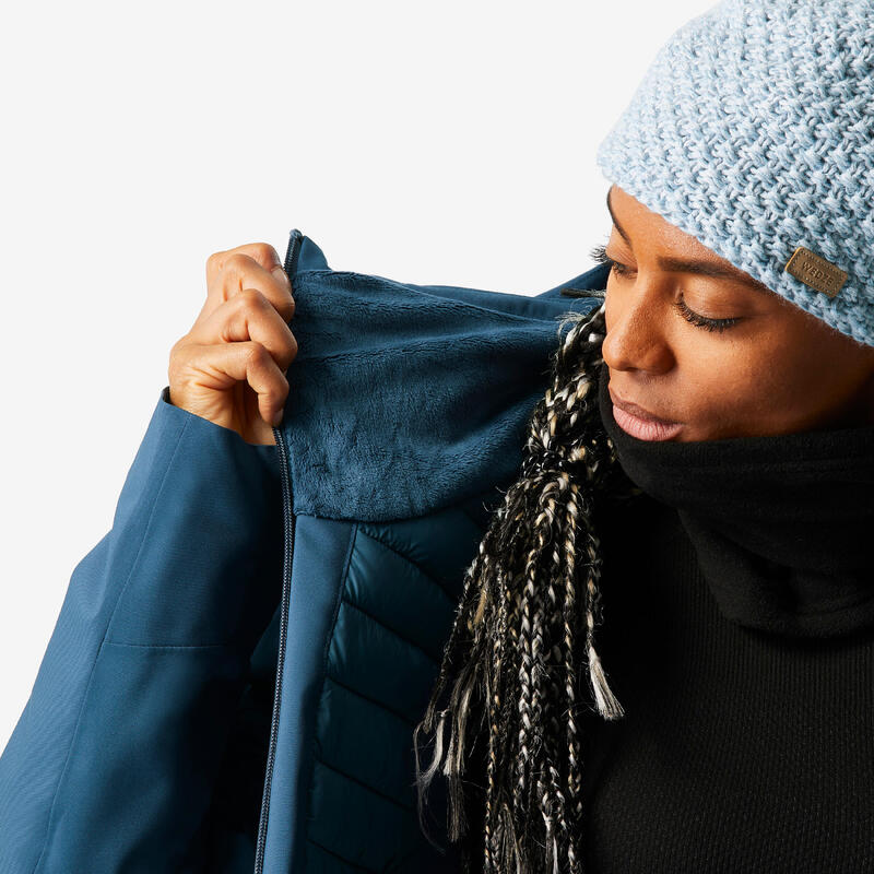 Veste de ski chaude et imperméable femme, 500 bleu pétrol