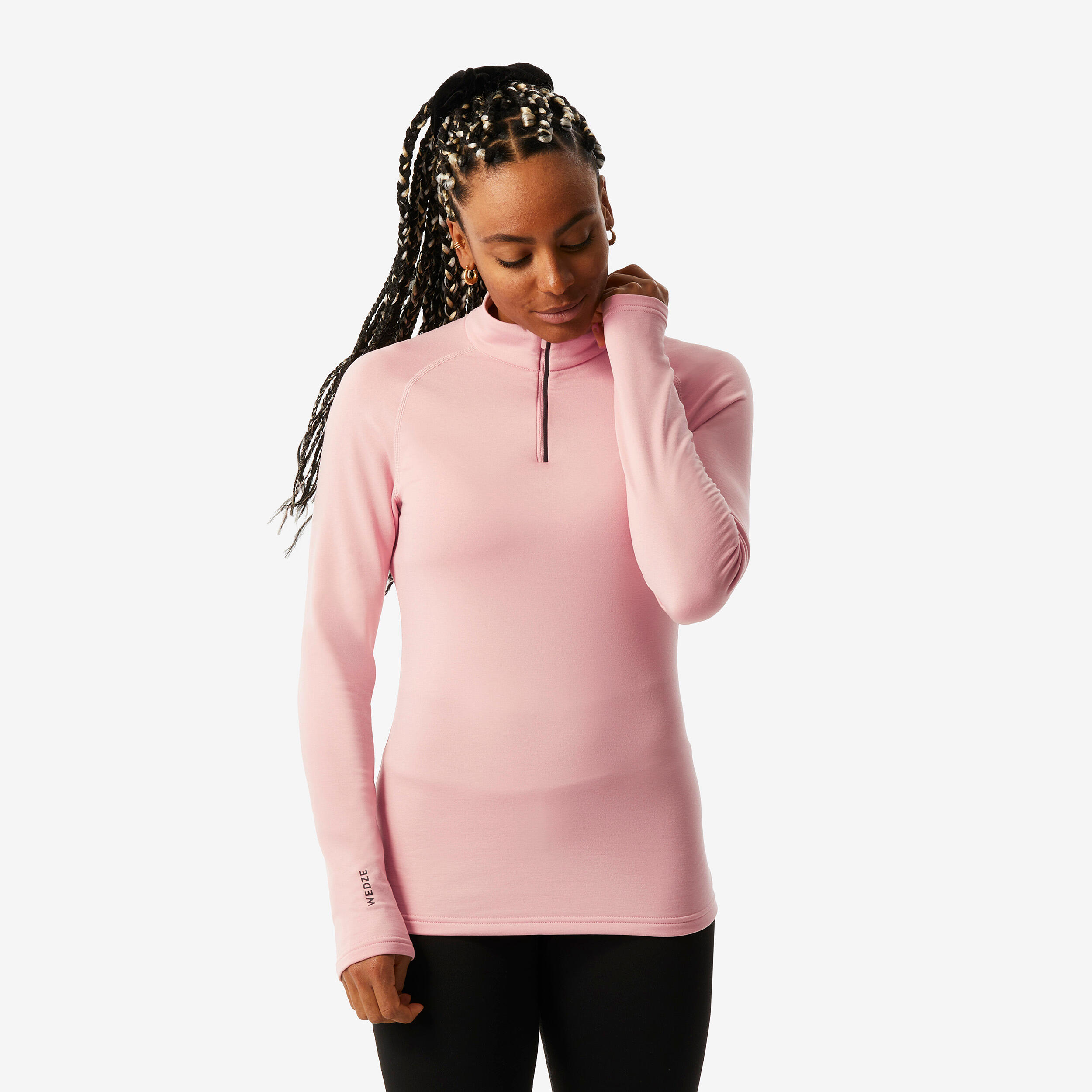 Women's 1/2 zip thermal ski undergarment, 500 pink top