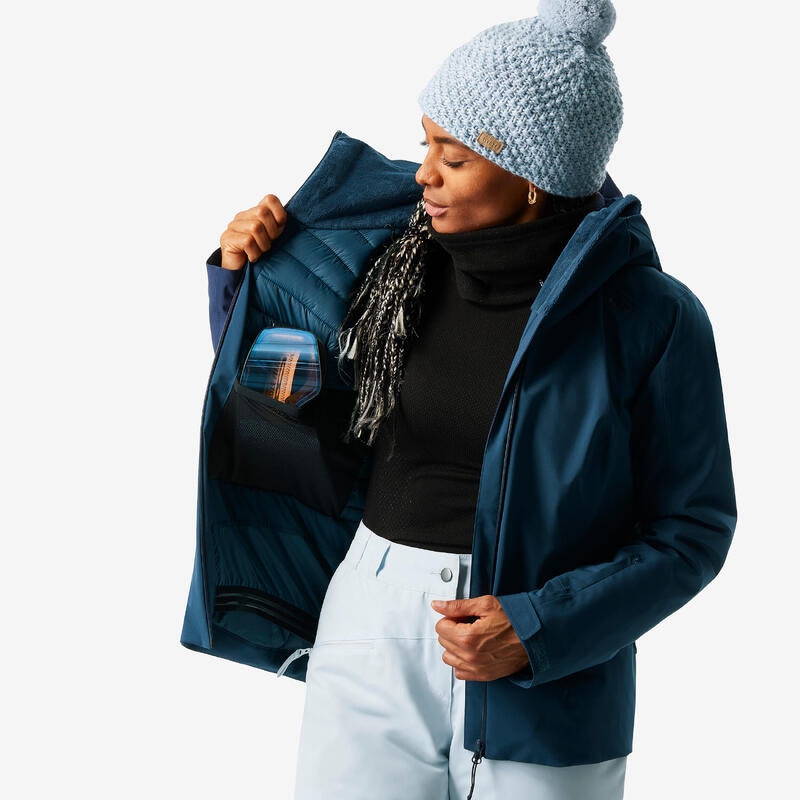 Veste de ski chaude et imperméable femme, 500 bleu pétrol