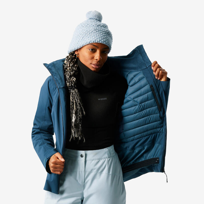 Veste de ski chaude et imperméable femme, 500 bleu pétrol