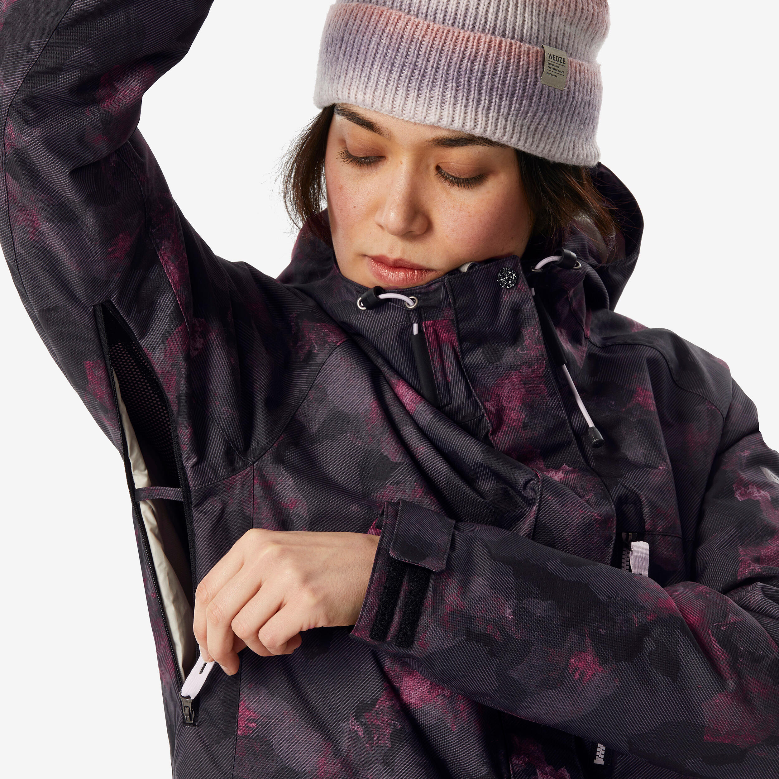 DREAMSCAPE Dámska snowboardová bunda SNB 100 hrejivá a priedušná čierno-ružová s potlačou S · záber 7