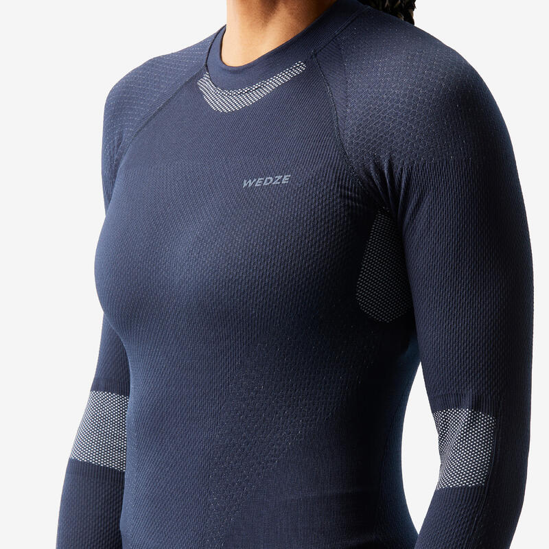 Sous-vêtement de ski confort femme, bl500 soft seamless haut marine et bleu