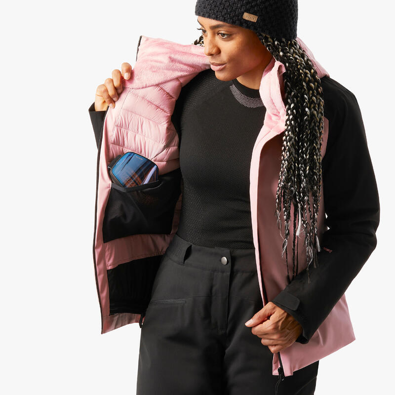 Veste de ski chaude et imperméable femme, 500 rose et noir