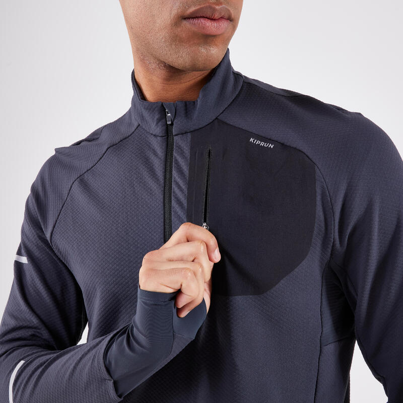 Warm hardloopshirt met lange mouwen en halve rits voor heren Run 900 Warm zwart