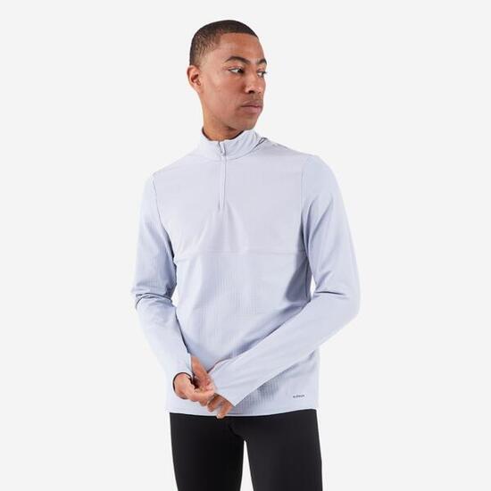 T-shirt zip chaud manches longues de running homme - kiprun run 500 warm gris