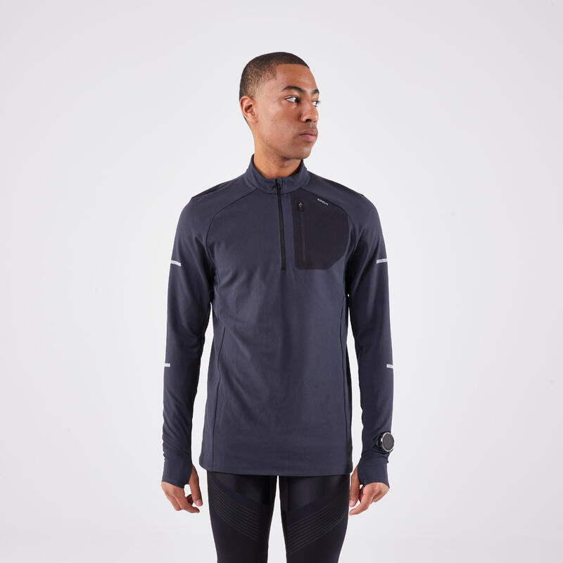 Warm hardloopshirt met lange mouwen en halve rits voor heren Run 900 Warm zwart