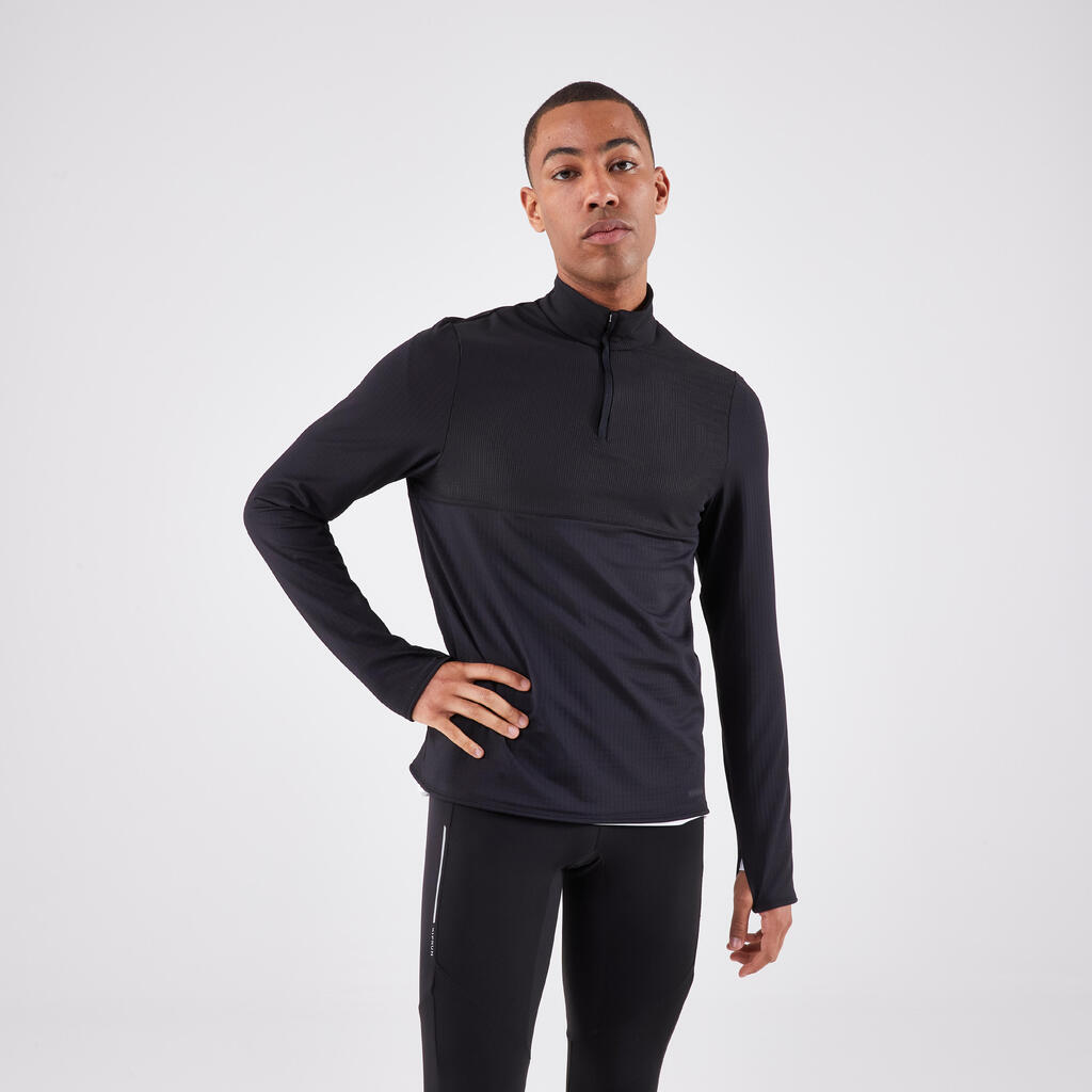 T-shirt zip chaud manches longues de running homme - kiprun run 500 warm kaki
