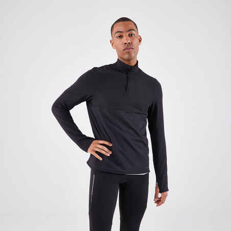 Men's KIPRUN Run 500 Warm Long-sleeved Zip Running T-Shirt - Black