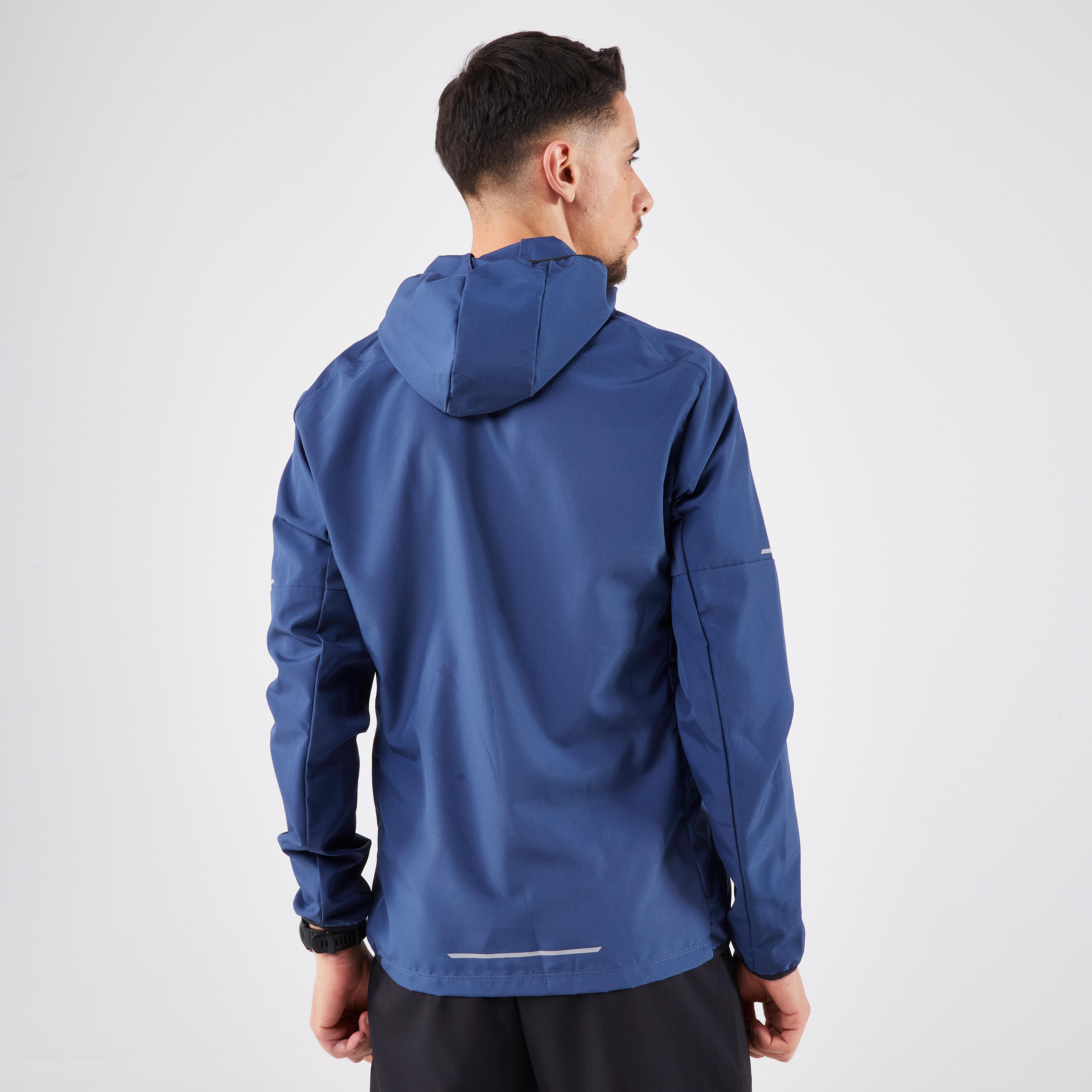 Men Running Windbreaker, Hooded, Regular Fit, Full Zipped, RUN 100 - Blue