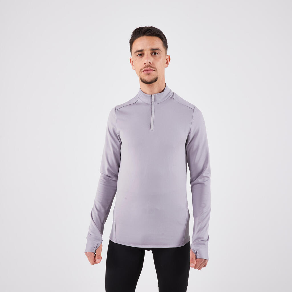 T-shirt zip chaud manches longues de running homme - kiprun run 100 warm gris