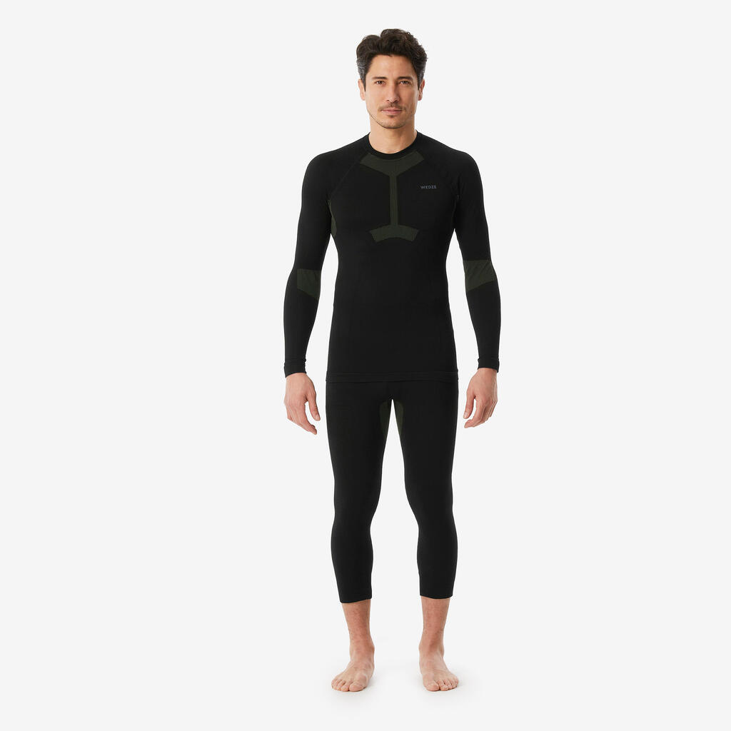 Men's Warm and Comfortable Thermal Ski Base Layer, 500 Seamless Black and Blue