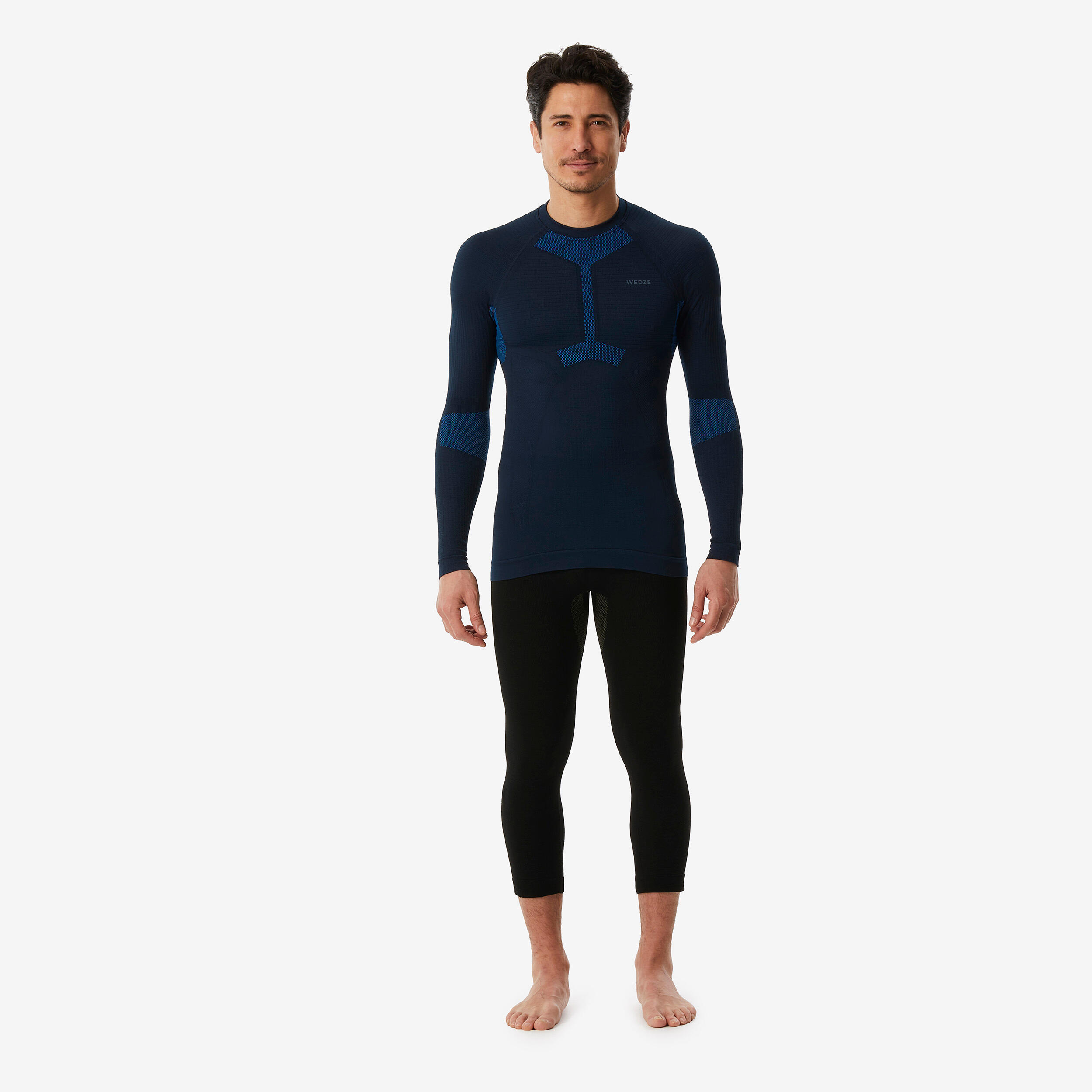 Men’s soft and seamless ski base layer top BL 500 - Black / Blue 3/4