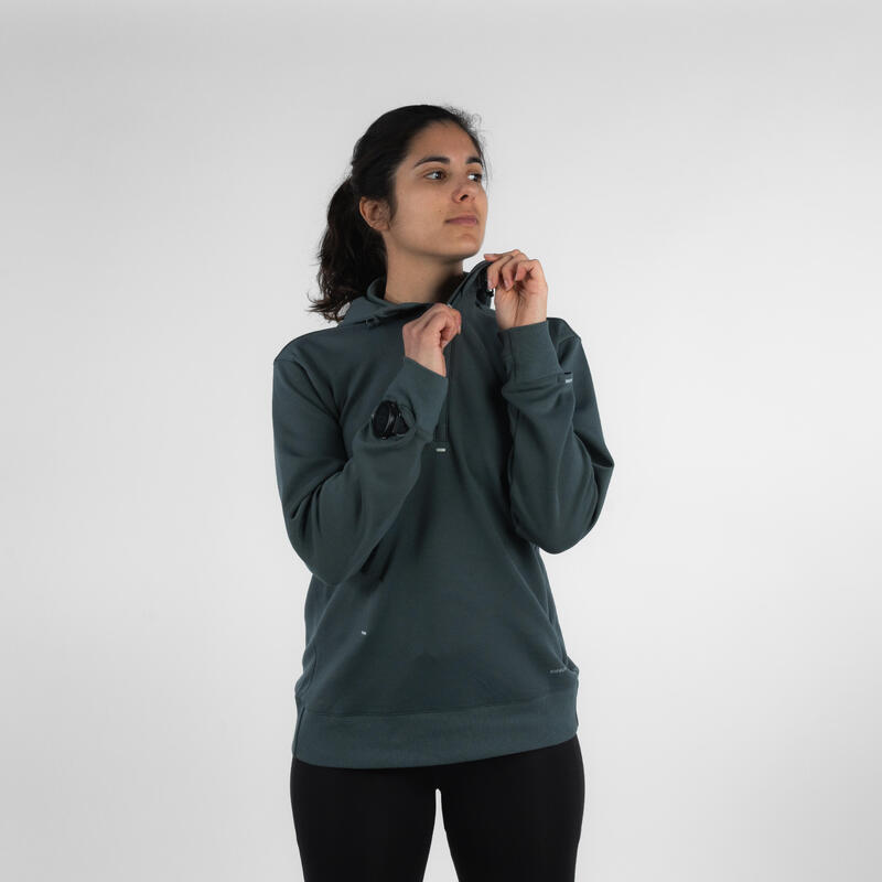 Kadın Kapüşonlu Koşu Sweatshirtü - Füme Yeşil - KIPRUN Run 500 Warm