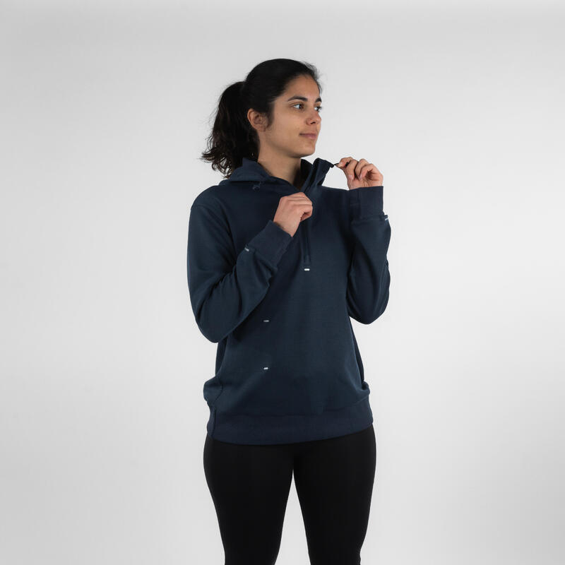 Hanorac cu glugă alergare KIPRUN Run 500 Warm Albastru abisal Damă