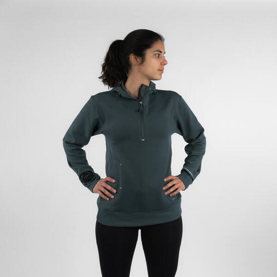 Felpa mezza zip running donna RUN WARM 500 verde