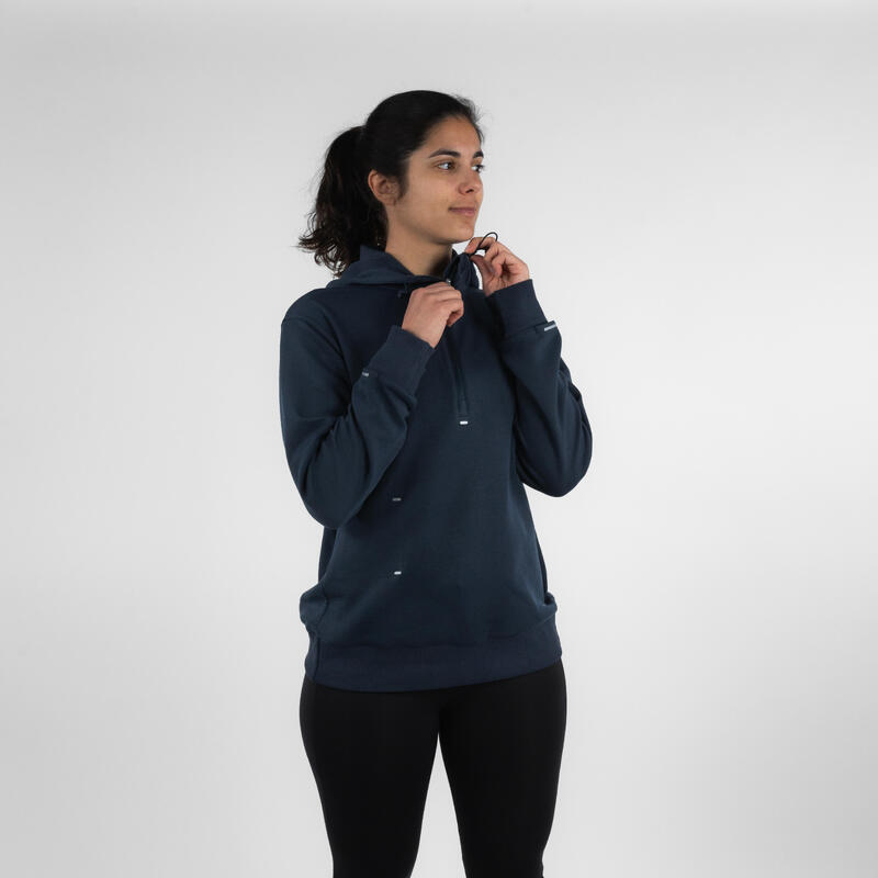 Hanorac cu glugă alergare KIPRUN Run 500 Warm Albastru abisal Damă