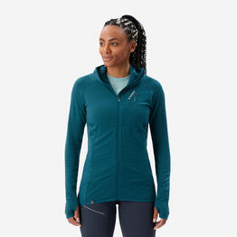Pull technique à capuche en laine mérinos femme - alpinism bleu