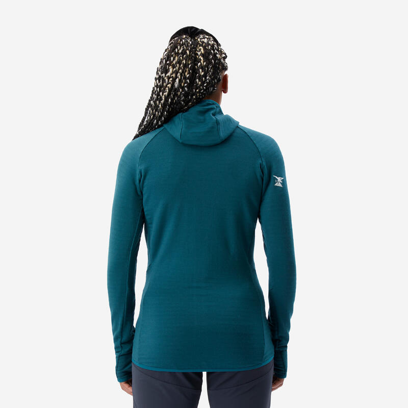 Pull technique à capuche en laine mérinos femme - ALPINISM Vert