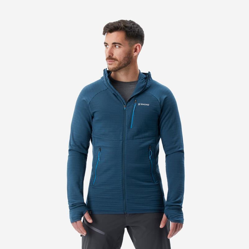 Pull technique à capuche en laine mérinos homme - ALPINISM Bleu