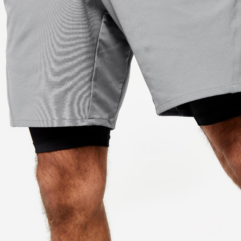 Pantaloncini 2 in 1 uomo palestra 500 traspiranti con tasca con zip grigi