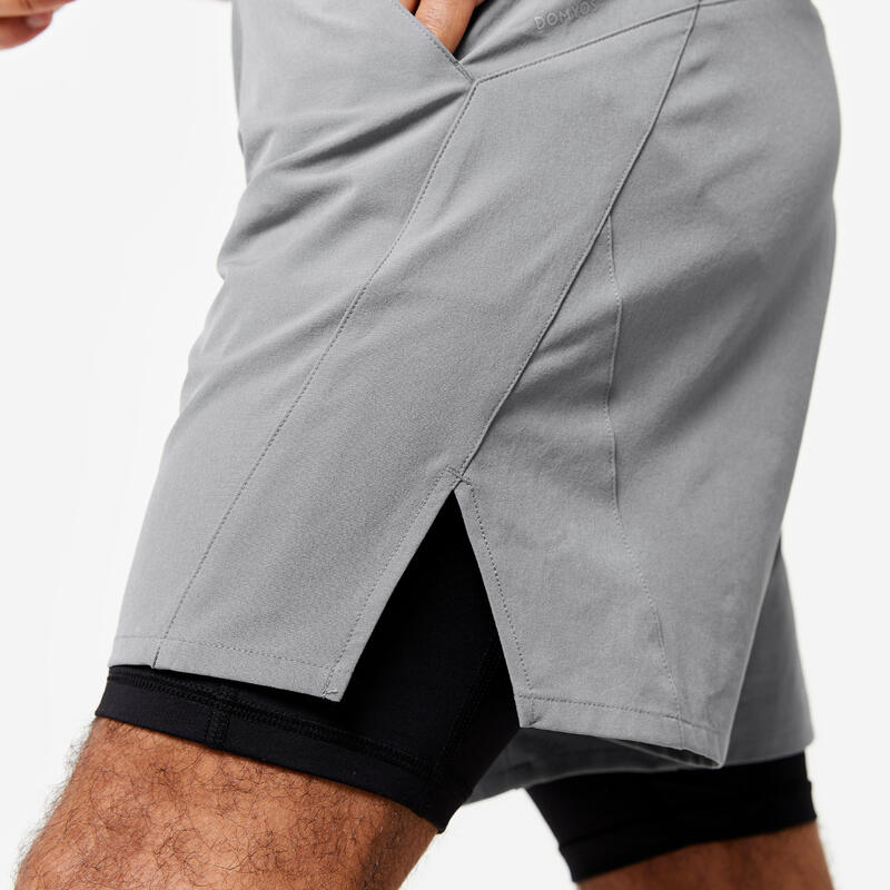 Pantalón Corto Fitness Hombre Gris 2 En 1 Transpirable Bolsillo Cremallera