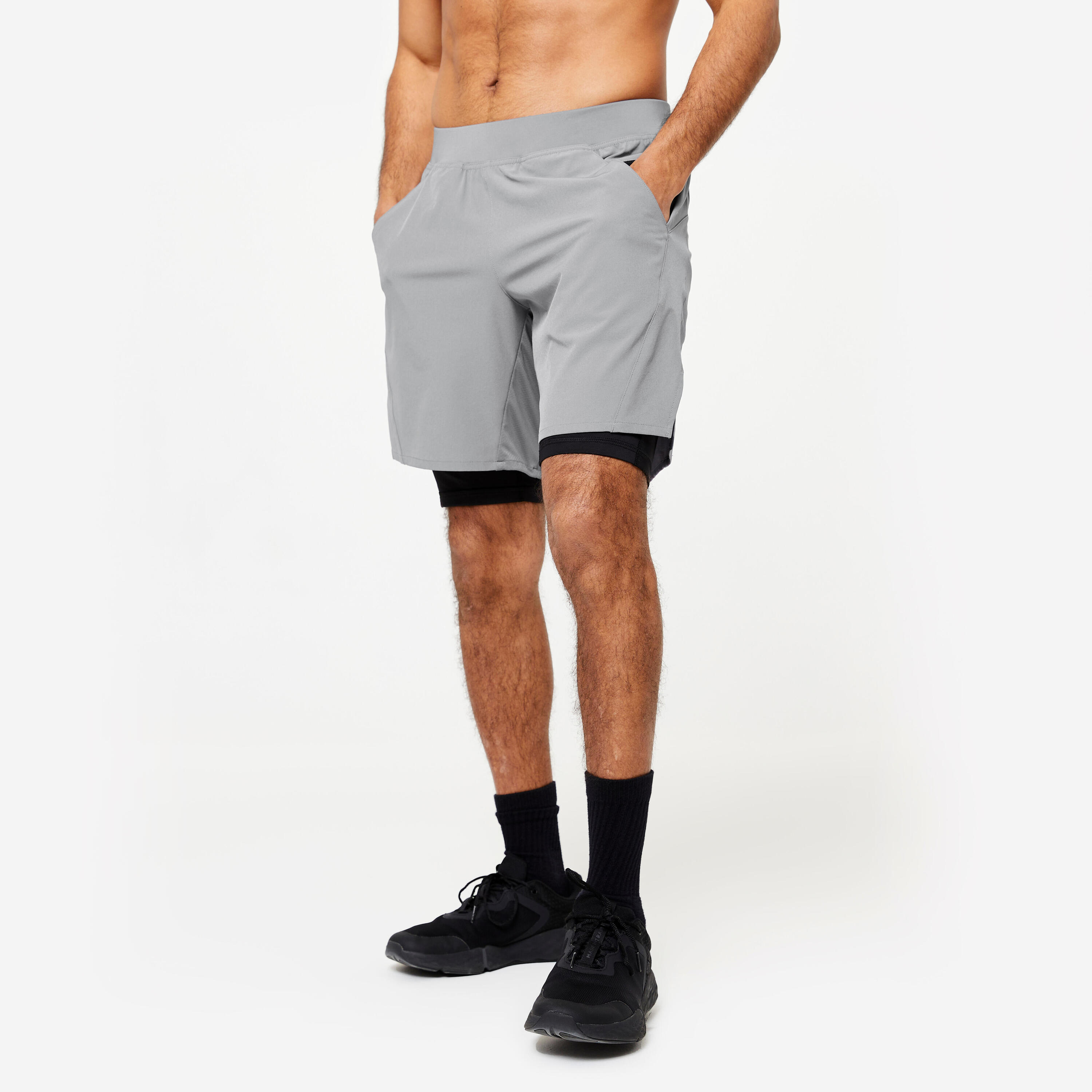 DOMYOS Breathable 2-in-1 Fitness Shorts with Zip Pocket - Grey