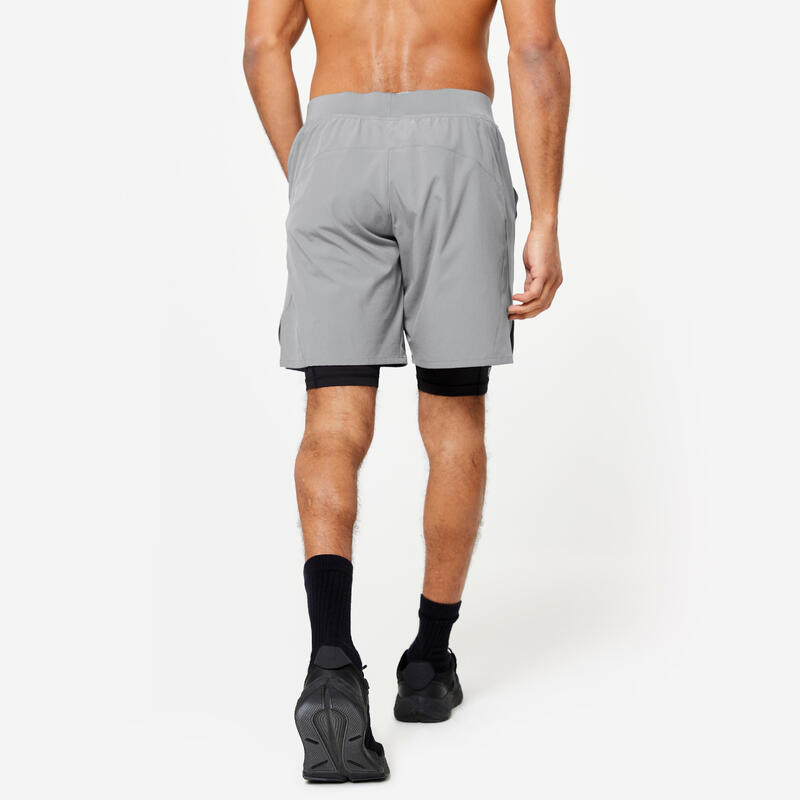 Pantalón Corto Fitness Hombre Gris 2 En 1 Transpirable Bolsillo Cremallera