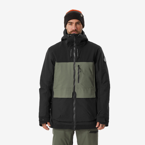 Veste de snowboard chaude et résistante homme, snb 500 ziprotect kaki et noir