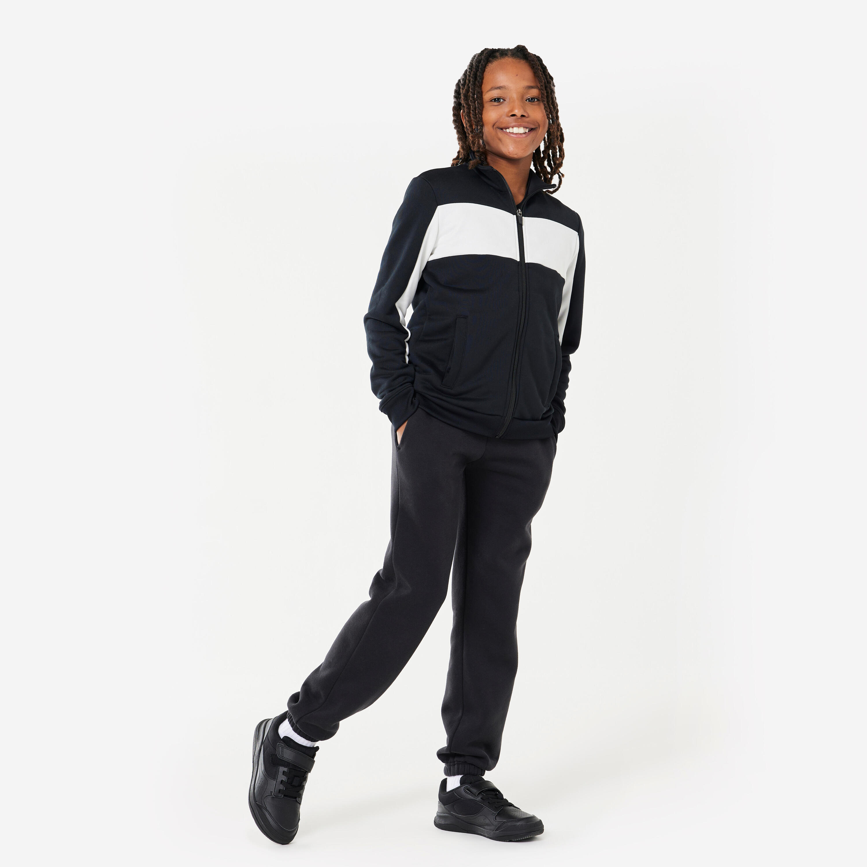 Felpa bambino ginnastica con zip traspirante nero-bianco 2/5
