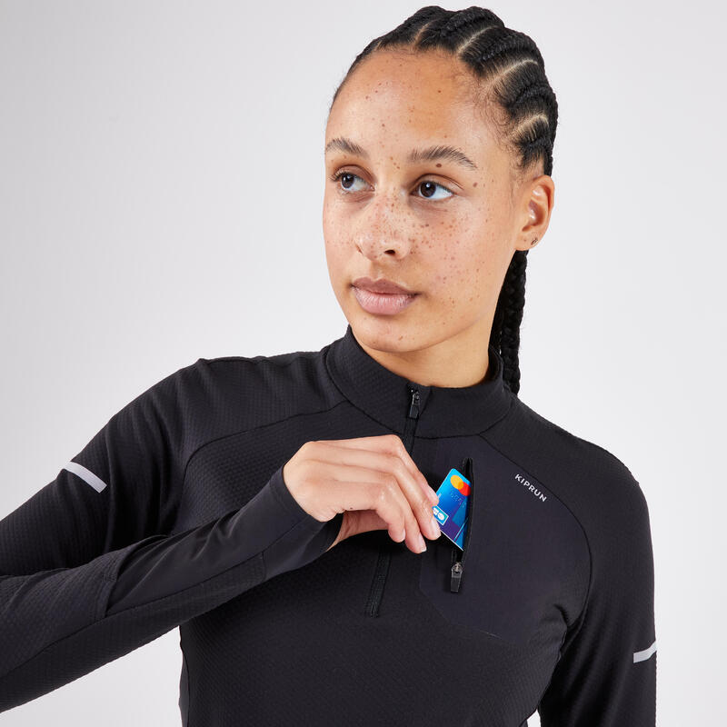 Bluză fermoar scurt alergare KIPRUN Run 500 Warm Negru Damă