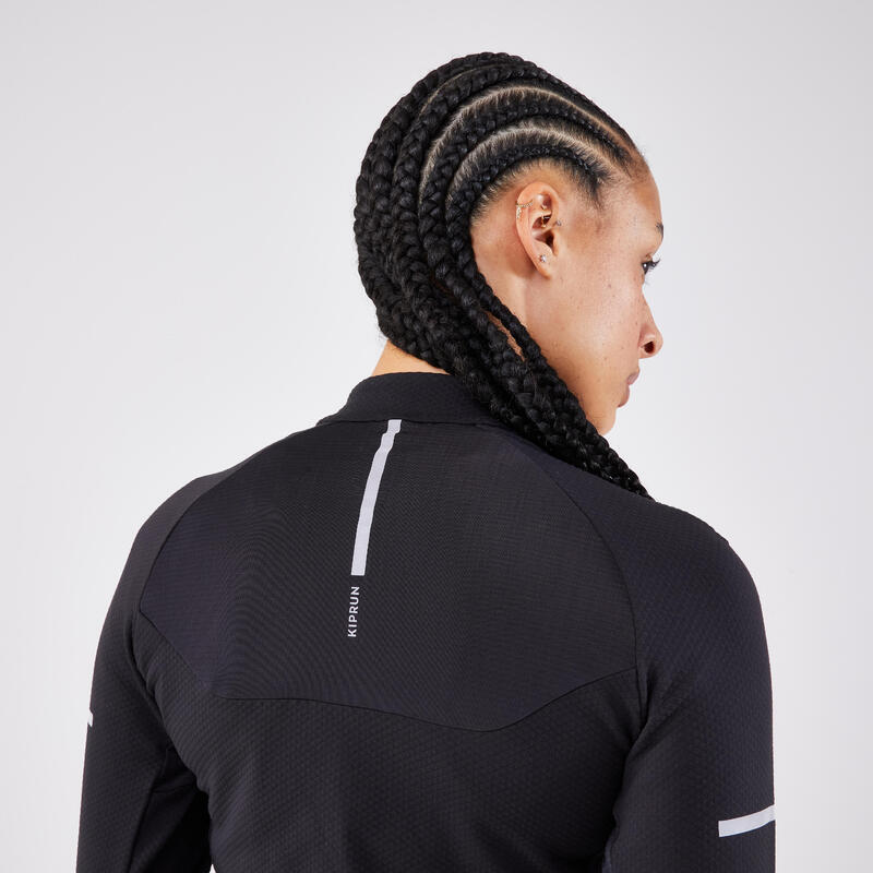 T-shirt 1/2 zip manches longues de running Femme - KIPRUN Run 500 Warm Noir