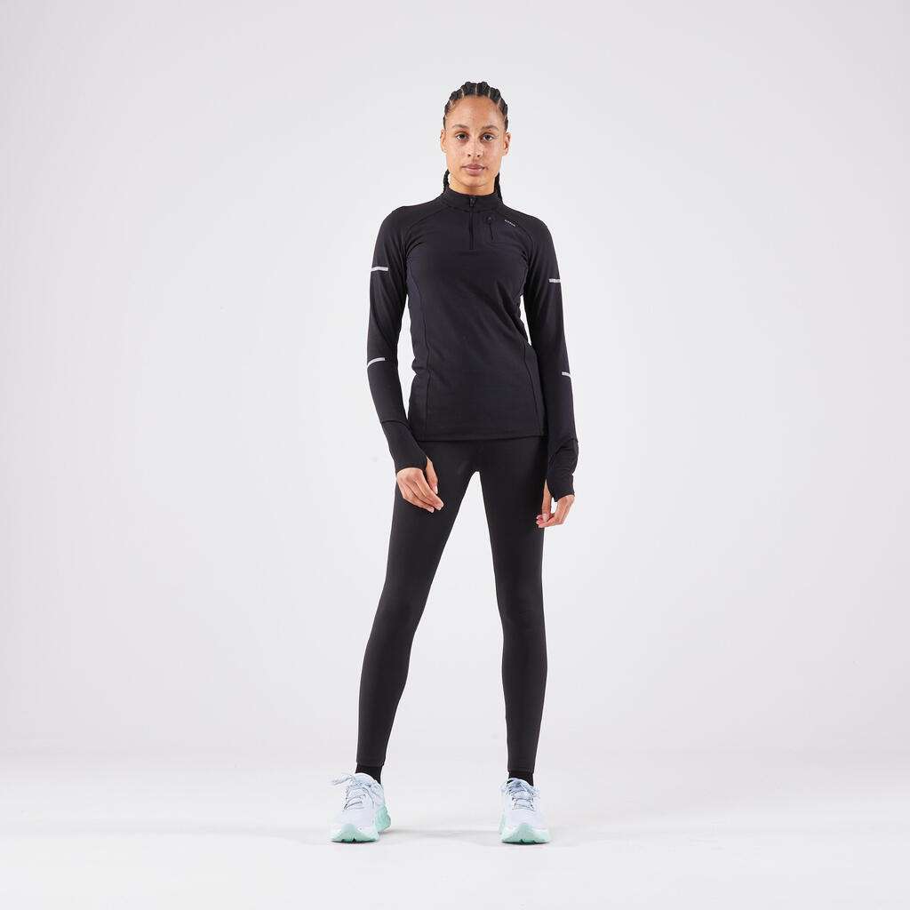 KIPRUN Run 500 Warm Women's Running Long-Sleeved T-Shirt 1/2 Zip - Green