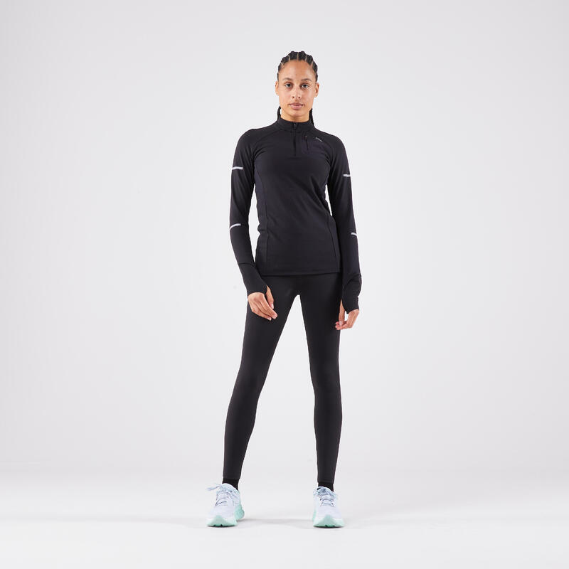 T-shirt 1/2 zip manches longues de running Femme - KIPRUN Run 500 Warm Noir