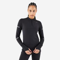 T-shirt 1/2 zip manches longues de running Femme - KIPRUN Run 500 Warm Noir
