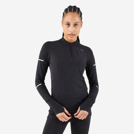 T-shirt 1/2 zip manches longues de running Femme - KIPRUN Run 500 Warm Vert