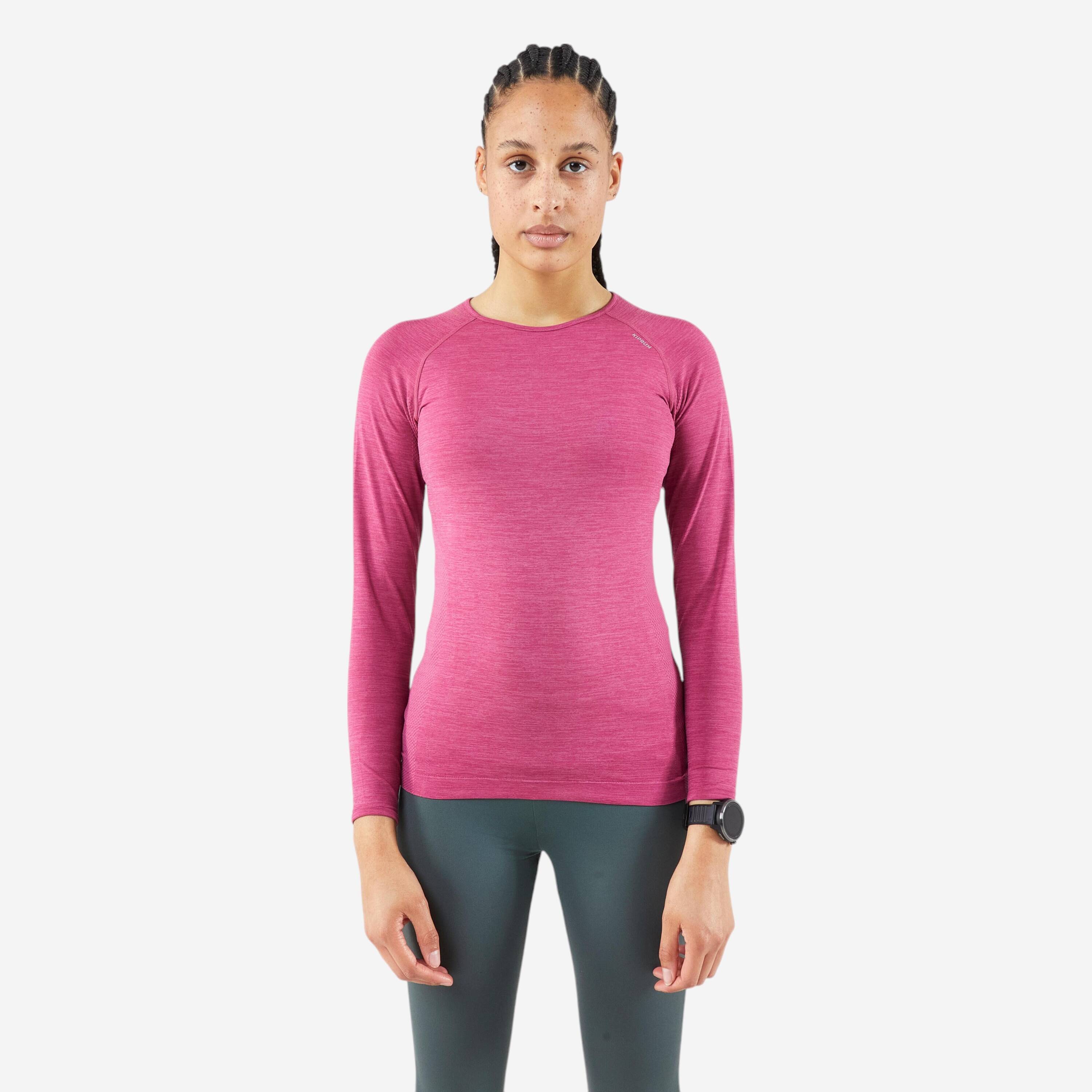 WOMEN'S KIPRUN RUN 500 FITTED SEAMLESS LONG-SLEEVED T-SHIRT - PINK -  1
