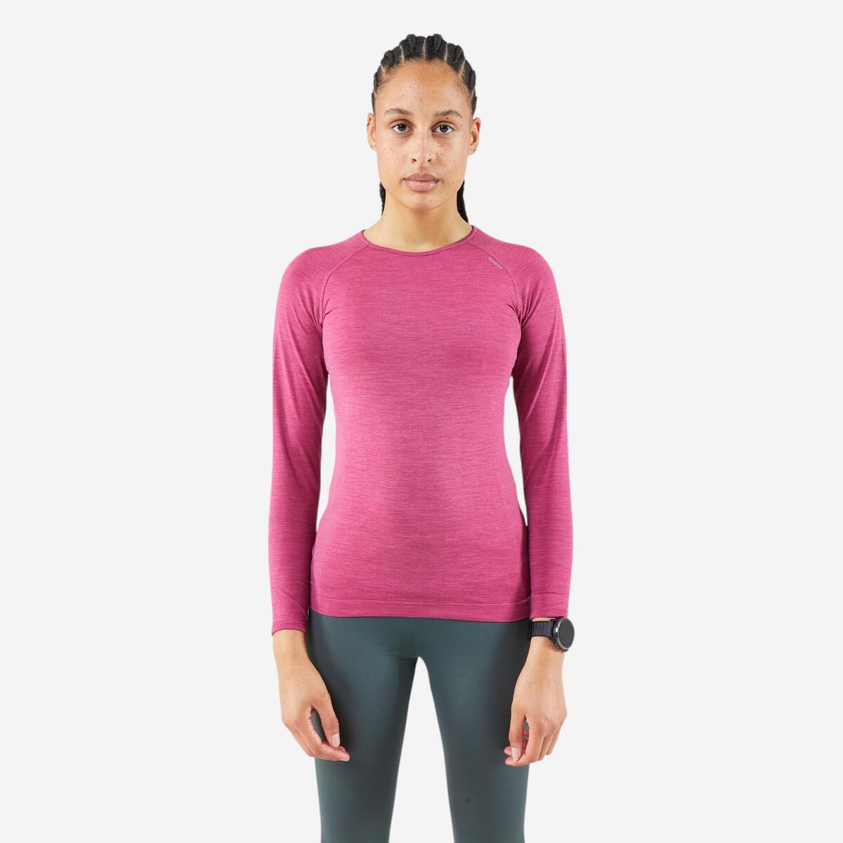 T-SHIRT MANCHES LONGUES RUNNING KIPRUN RUN 500 FEMME SANS COUTURE FIT ROSE