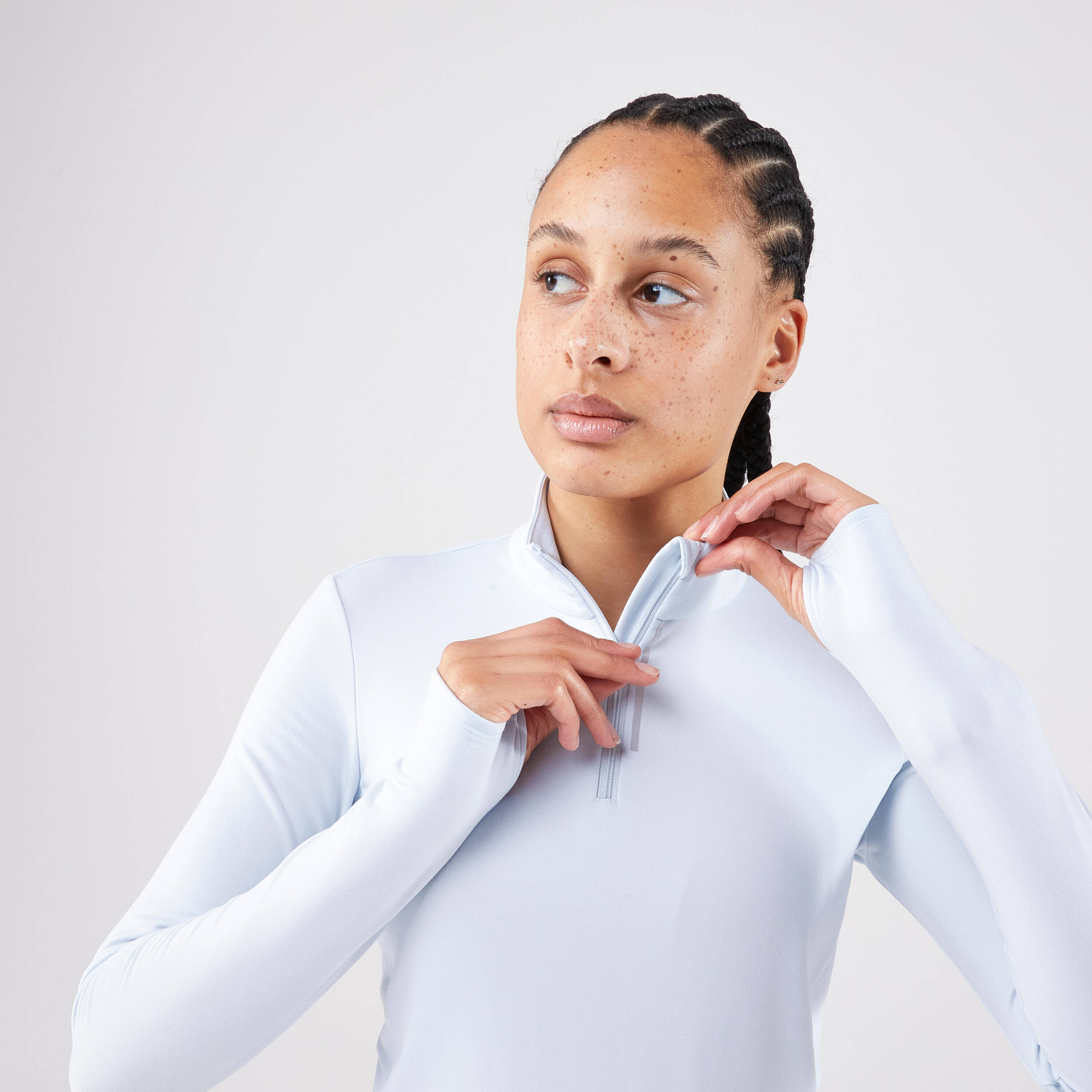 WOMEN'S KIPRUN RUN 100 HALF-ZIP WARM LONG-SLEEVED RUNNING T-SHIRT - BLUE -  1