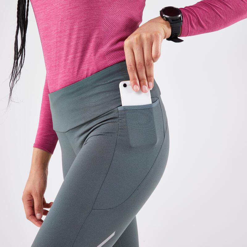 Legging chaud de running Femme, KIPRUN Run 500 Warm Vert fumé