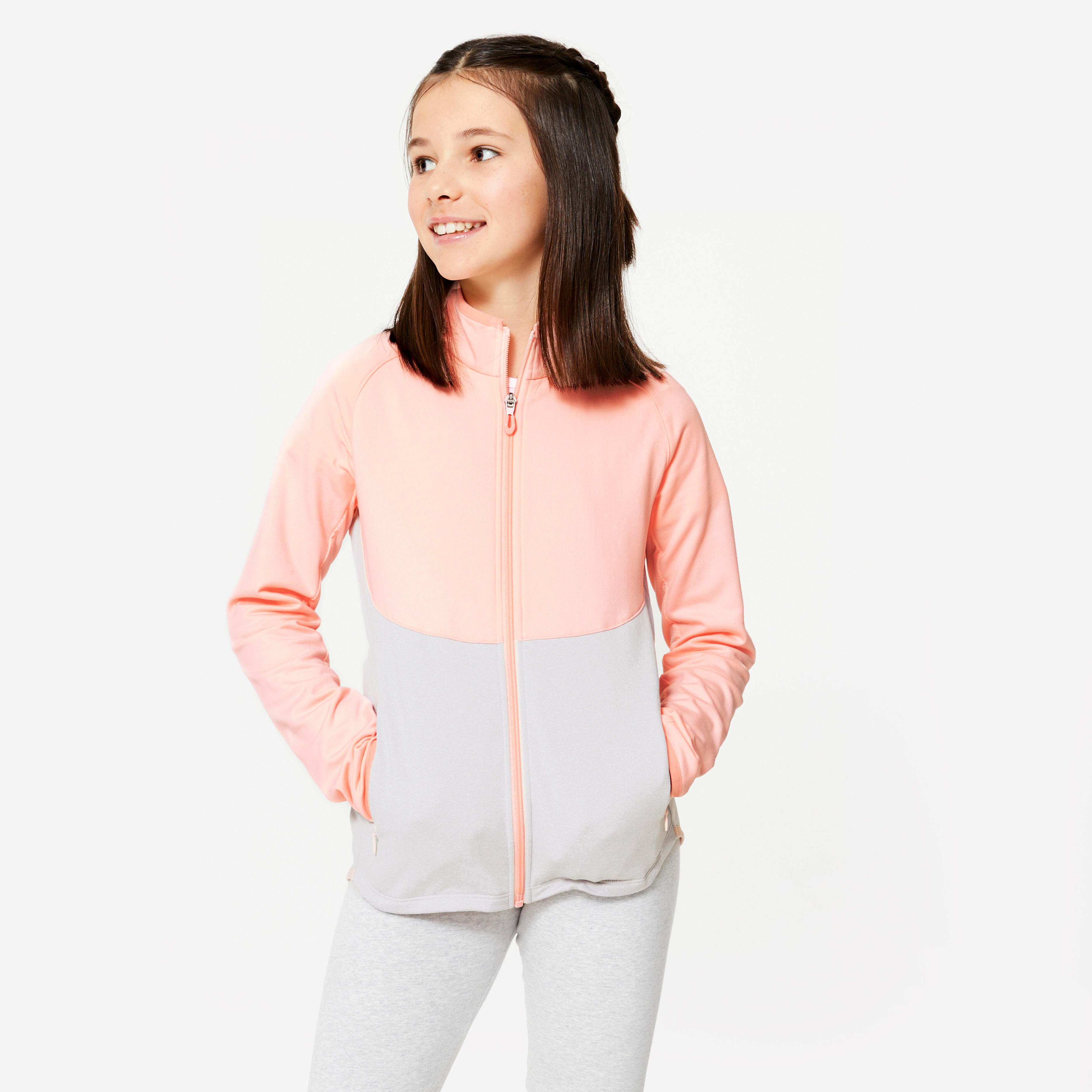 Girls Fitted Sports Jacket Pink Grey Decathlon