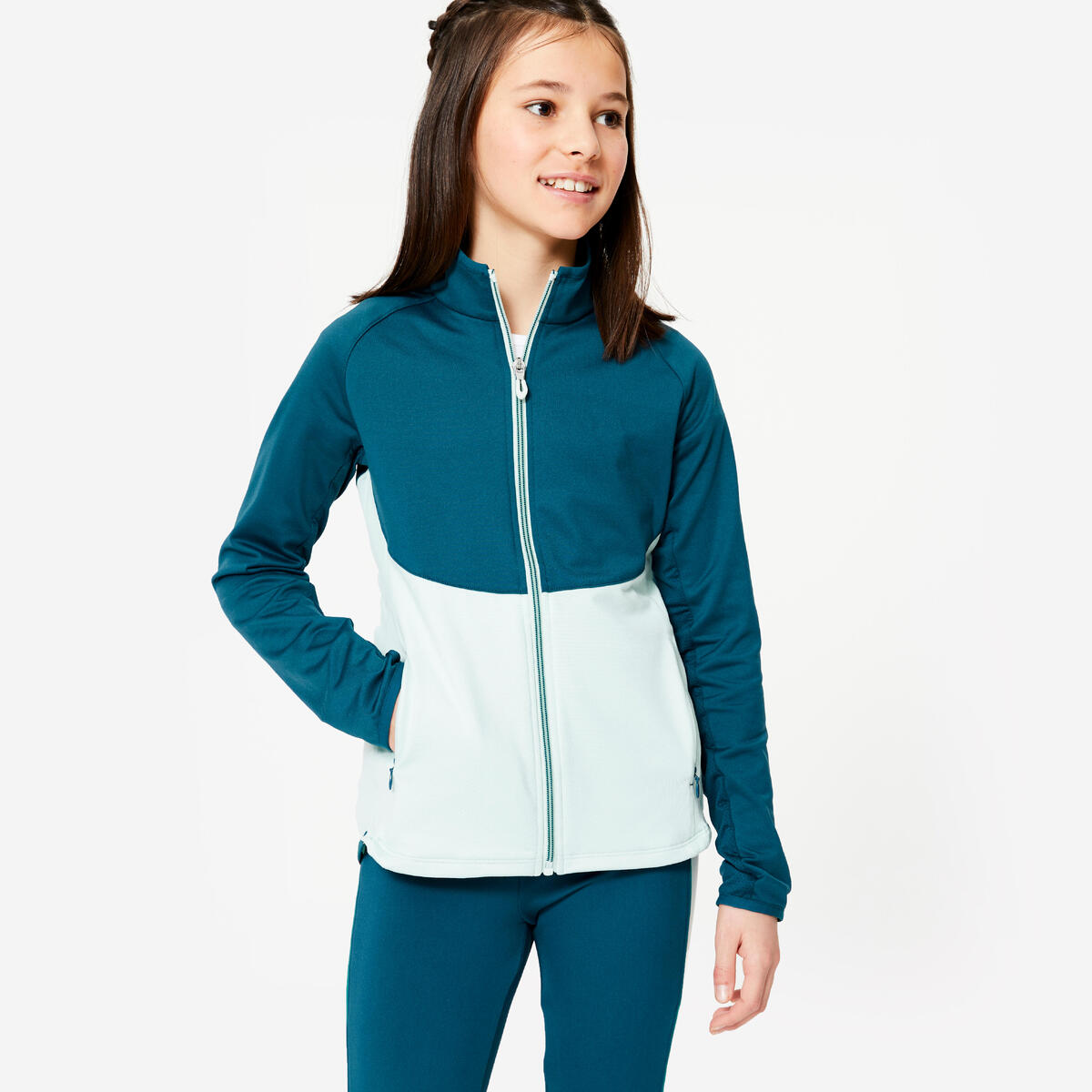 Veste de sport cintrée fille, bleu et vert