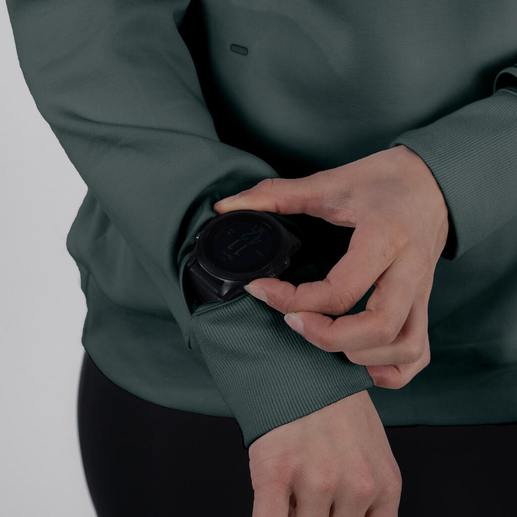 Γυναικείο Φούτερ με Κουκούλα για Τρέξιμο-KIPRUN Run 500 Warm-Smoke green